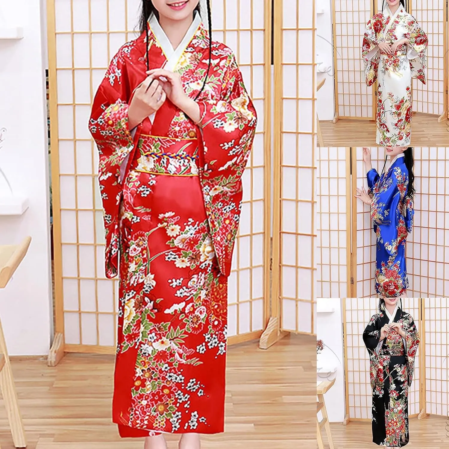 Japanese Anime Girl's Dance Long Sleeve Kimono Robe Silk Fancy Dress Classic Traditional Japanese Kimono Yukata