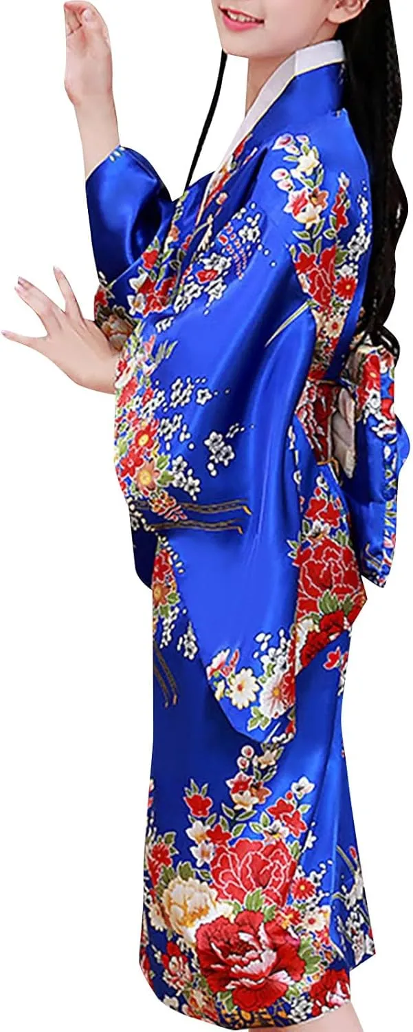 Japanese Anime Girl's Dance Long Sleeve Kimono Robe Silk Fancy Dress Classic Traditional Japanese Kimono Yukata