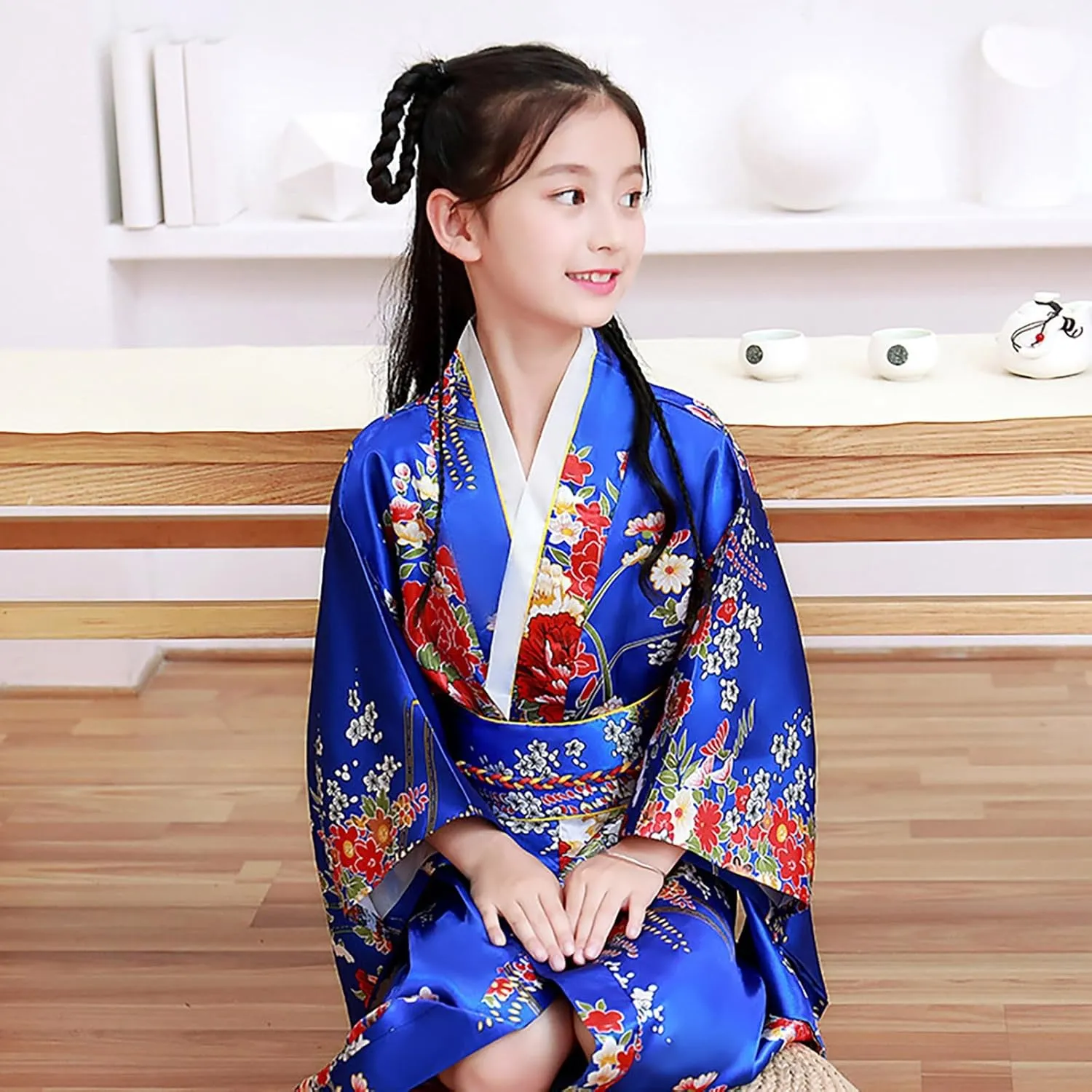 Japanese Anime Girl's Dance Long Sleeve Kimono Robe Silk Fancy Dress Classic Traditional Japanese Kimono Yukata