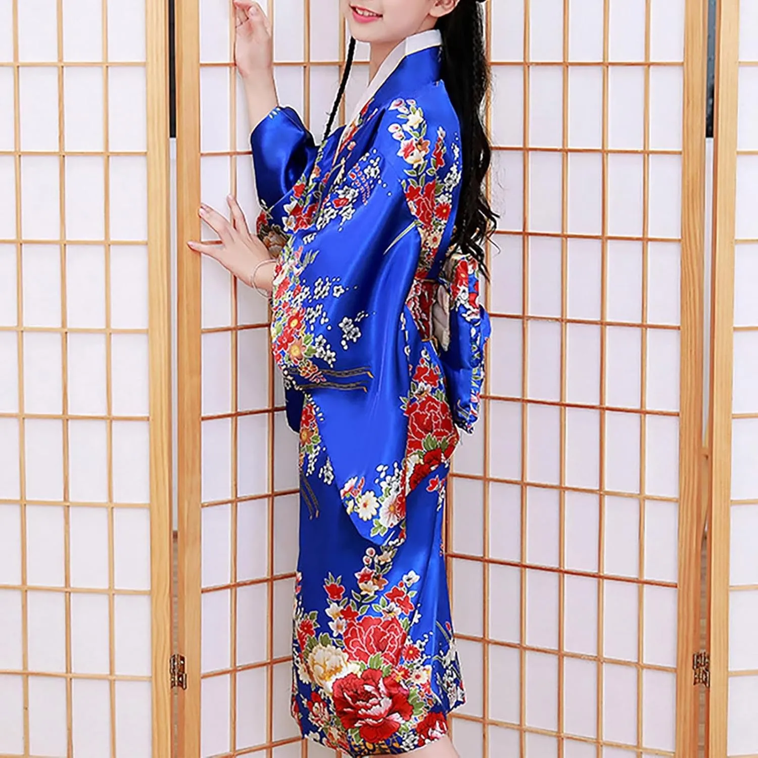 Japanese Anime Girl's Dance Long Sleeve Kimono Robe Silk Fancy Dress Classic Traditional Japanese Kimono Yukata