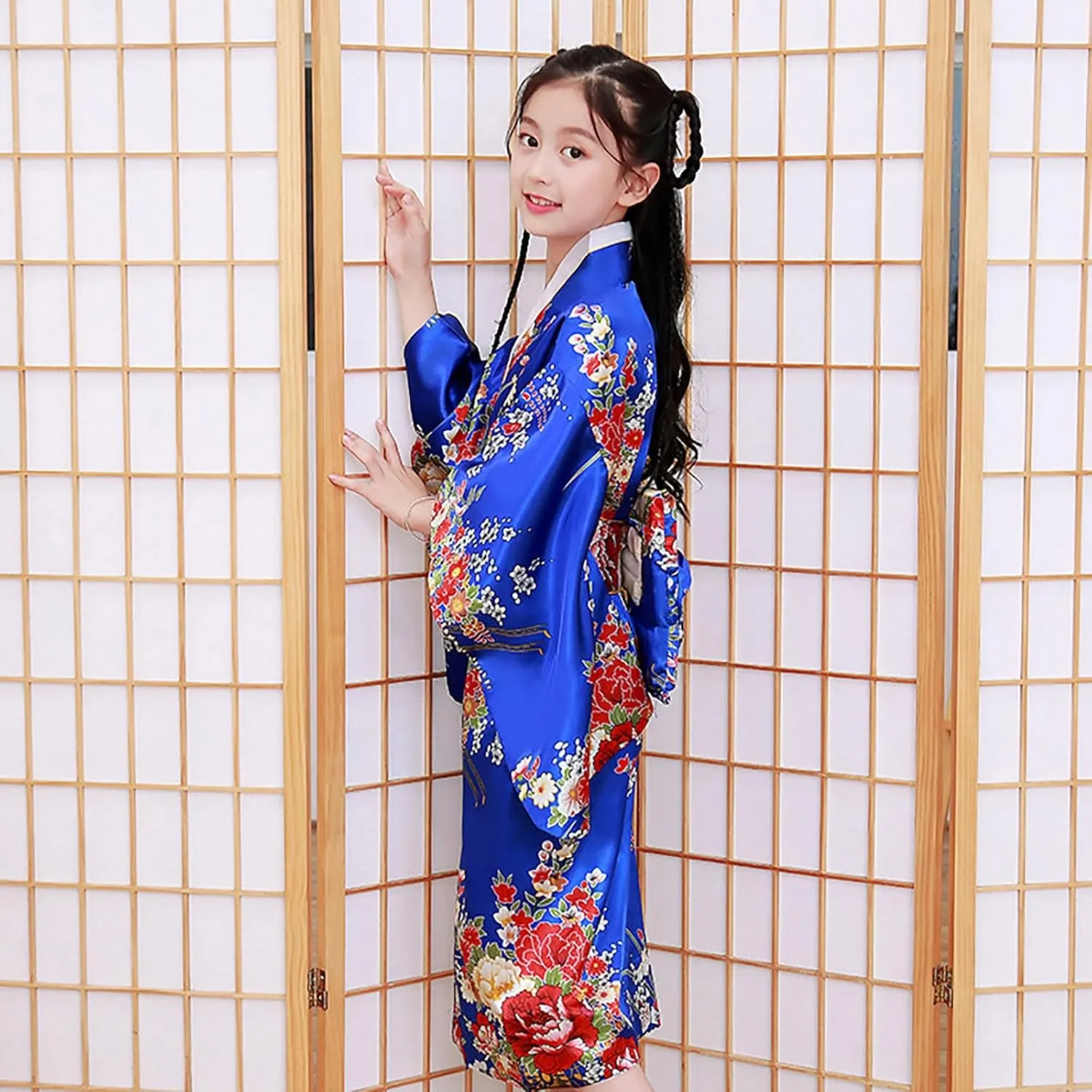 Japanese Anime Girl's Dance Long Sleeve Kimono Robe Silk Fancy Dress Classic Traditional Japanese Kimono Yukata