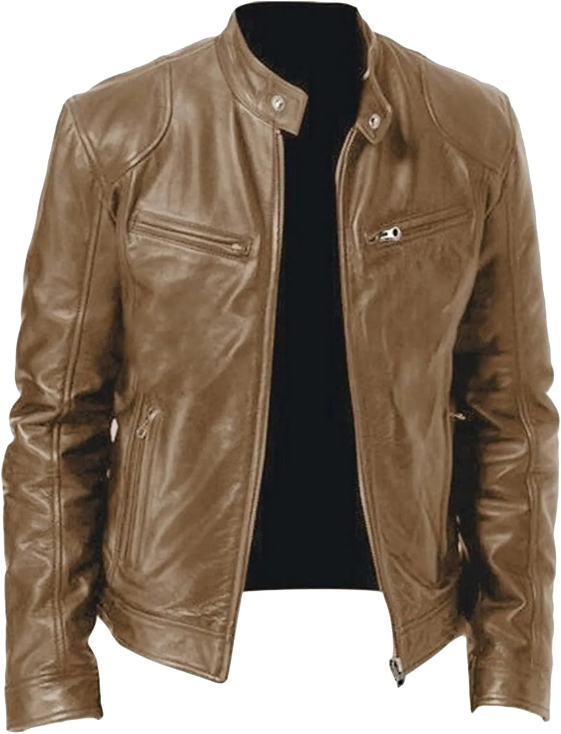 JEsilunmaMY Men's Fall Winter Leather Jacket Full Zip Stand Collar Motorcycle Bomber Jacket Plus Size Slim Business Bike Coat