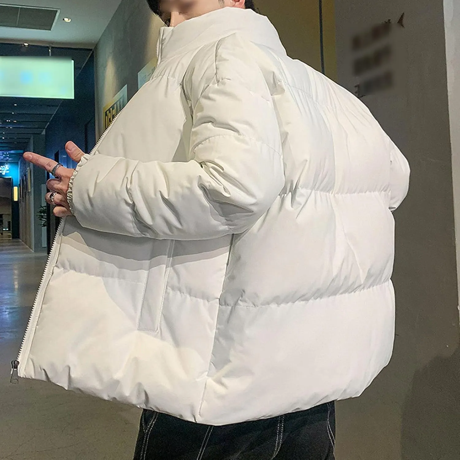 JEsilunmaMY Men's Padded Down Jacket Solid Color Stand Collar Quilted Puffer Coat Loose Warm Winter Cotton Outerwear