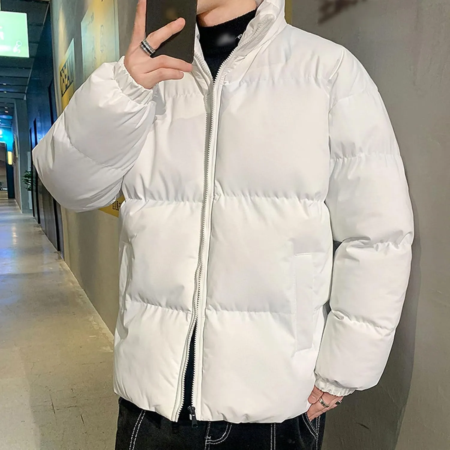 JEsilunmaMY Men's Padded Down Jacket Solid Color Stand Collar Quilted Puffer Coat Loose Warm Winter Cotton Outerwear