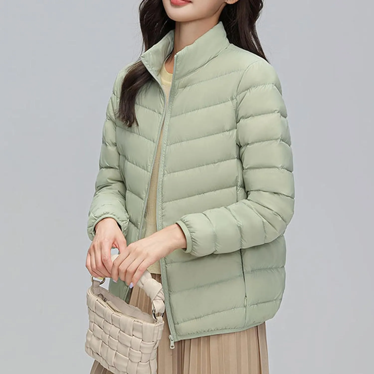 JEsilunmaMY Women's Stand Collar Duck Down Jacket Lightweight Long Sleeve Insulated Puffer Jacket Warm Winter Quilted Coat