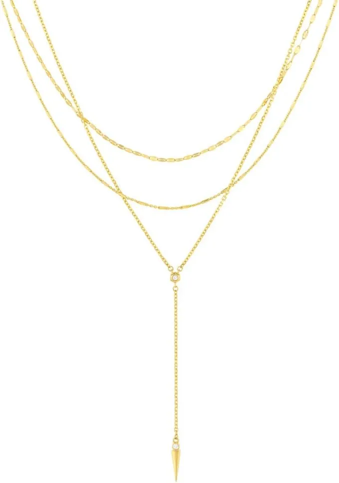 JewelryWeb 14k Yellow Gold 0.030 Dwt Diamond Multi Layered Lariat Necklace With Spike 17 Inch Pendant-Necklace for Women