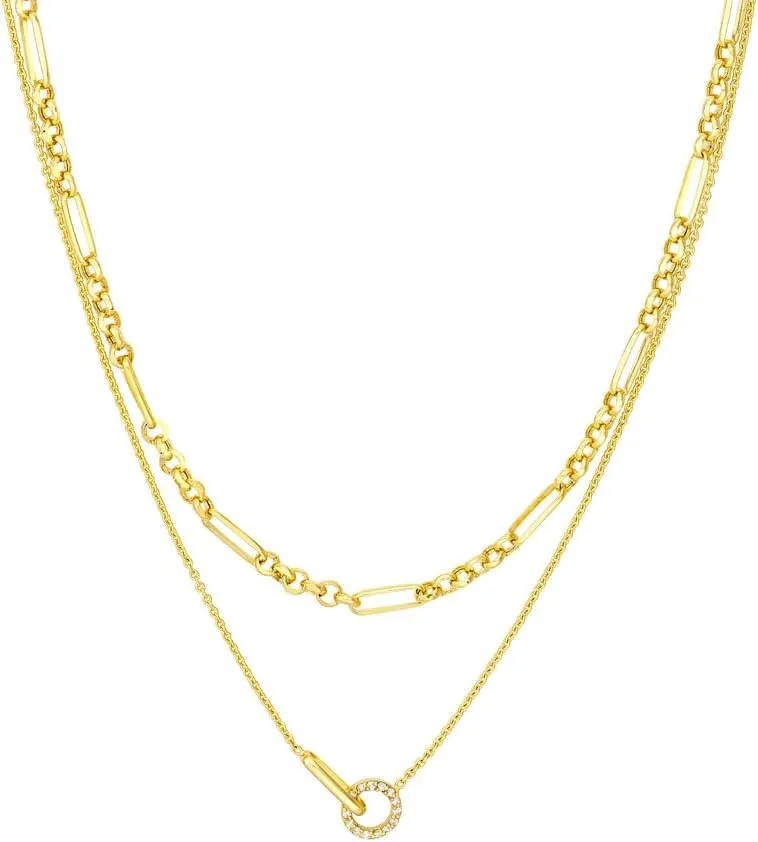 JewelryWeb 14k Yellow Gold .07tcw Diamond Circle Adjustable Layered Necklace 18 Inch Pendant-Necklace for Women