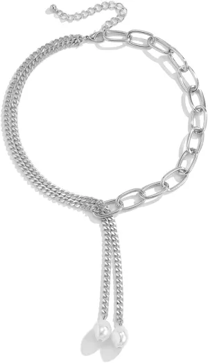 Jumwrit Dainty Silver Paperclip Chain Necklaces Pearl Pendant Chokers Y2K Necklaces Accessories for Women