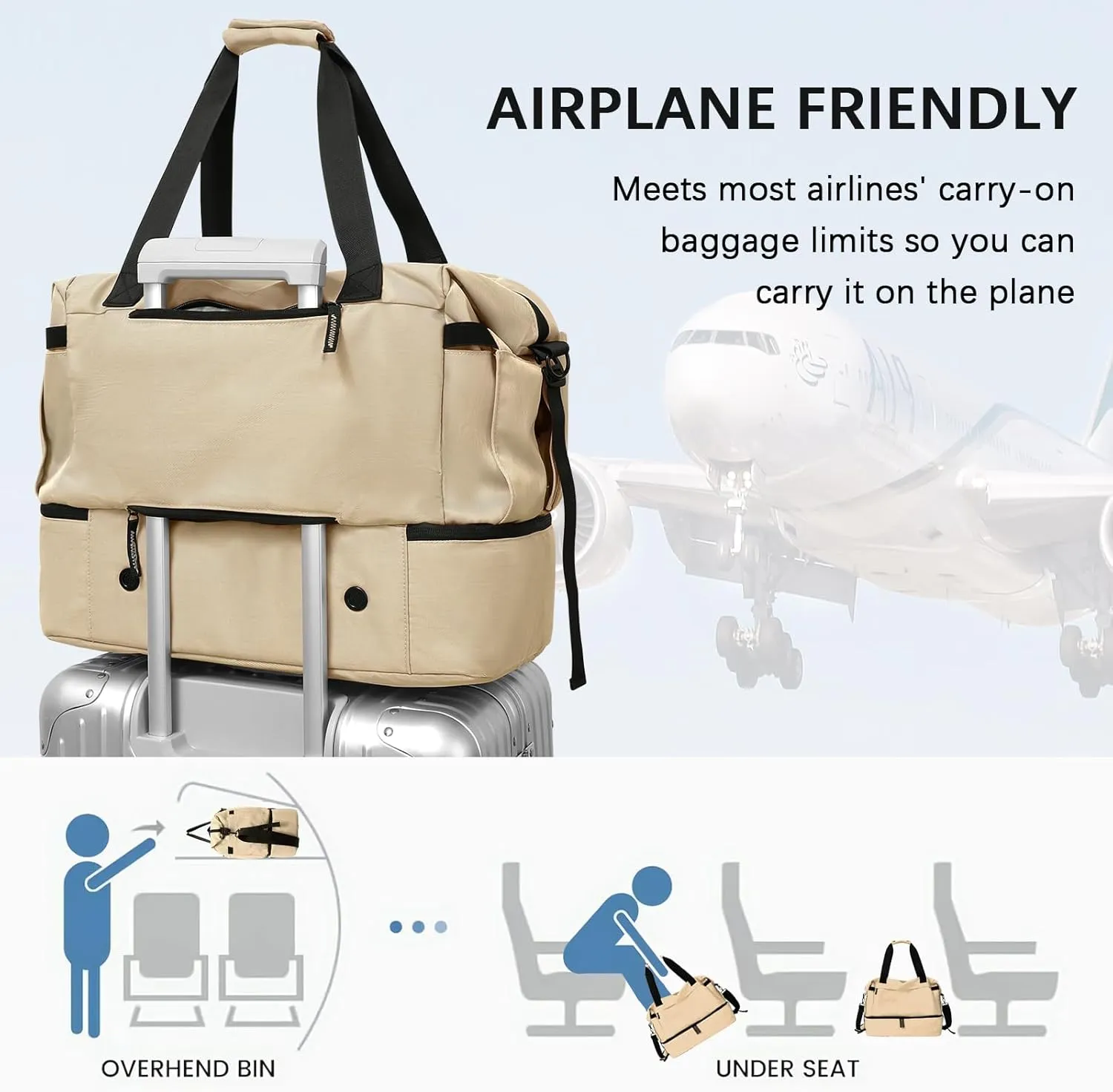 Khaki Gym, Travel & Weekender Bag for Women with Shoes Compartment, Wet Pocket & USB Charging Port, Carry On Size