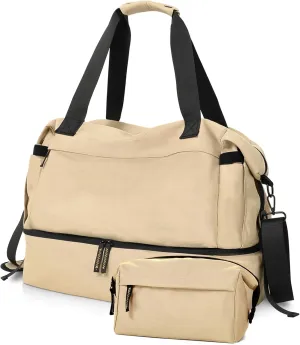 Khaki Gym, Travel & Weekender Bag for Women with Shoes Compartment, Wet Pocket & USB Charging Port, Carry On Size