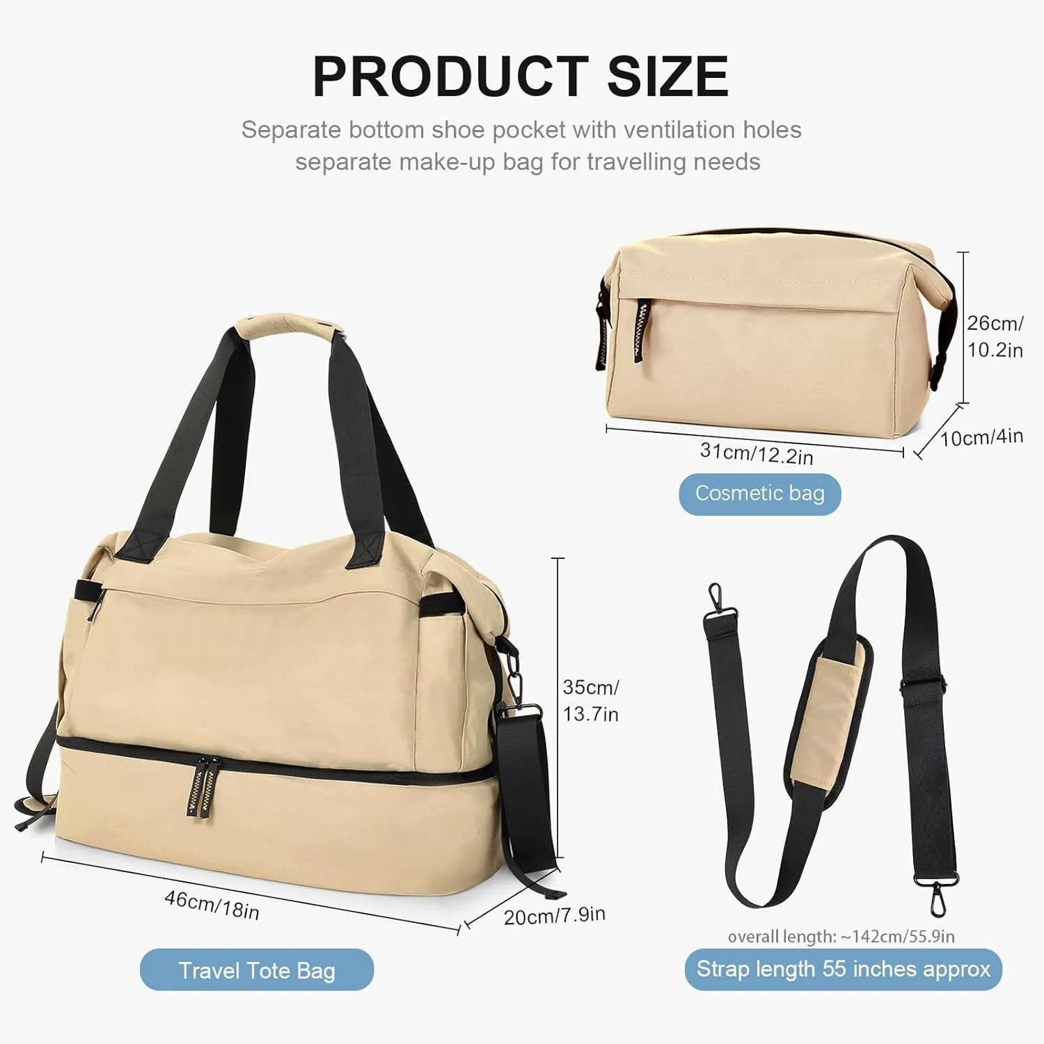 Khaki Gym, Travel & Weekender Bag for Women with Shoes Compartment, Wet Pocket & USB Charging Port, Carry On Size