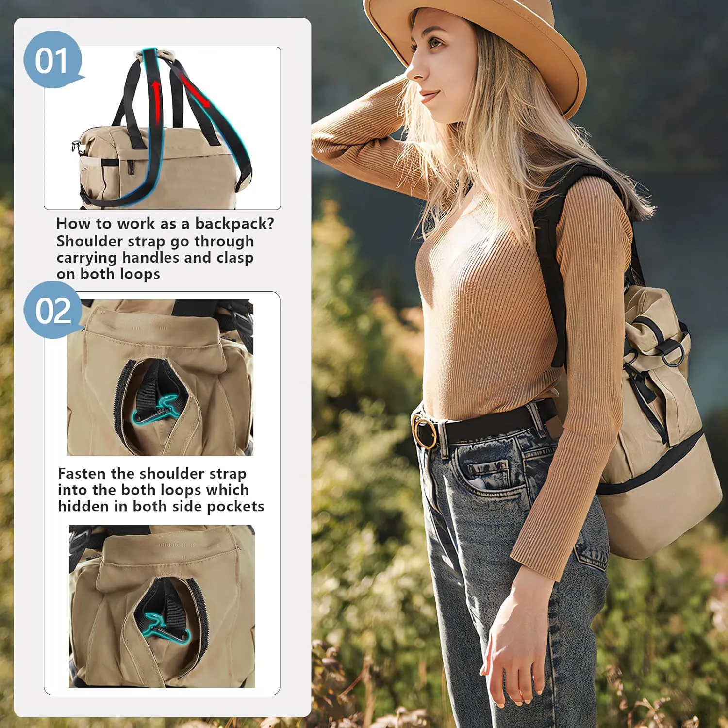 Khaki Gym, Travel & Weekender Bag for Women with Shoes Compartment, Wet Pocket & USB Charging Port, Carry On Size