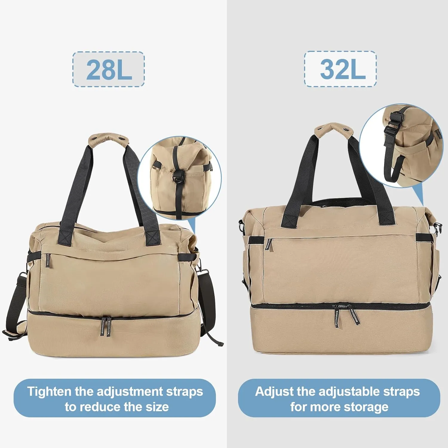 Khaki Gym, Travel & Weekender Bag for Women with Shoes Compartment, Wet Pocket & USB Charging Port, Carry On Size
