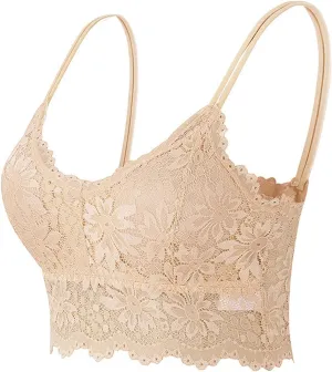 Lace Bralette for Women,Sexy Lace Camisole Bralette Breathable Thin Shoulder Straps Crop Top Wireless Padded Bandeau Bra