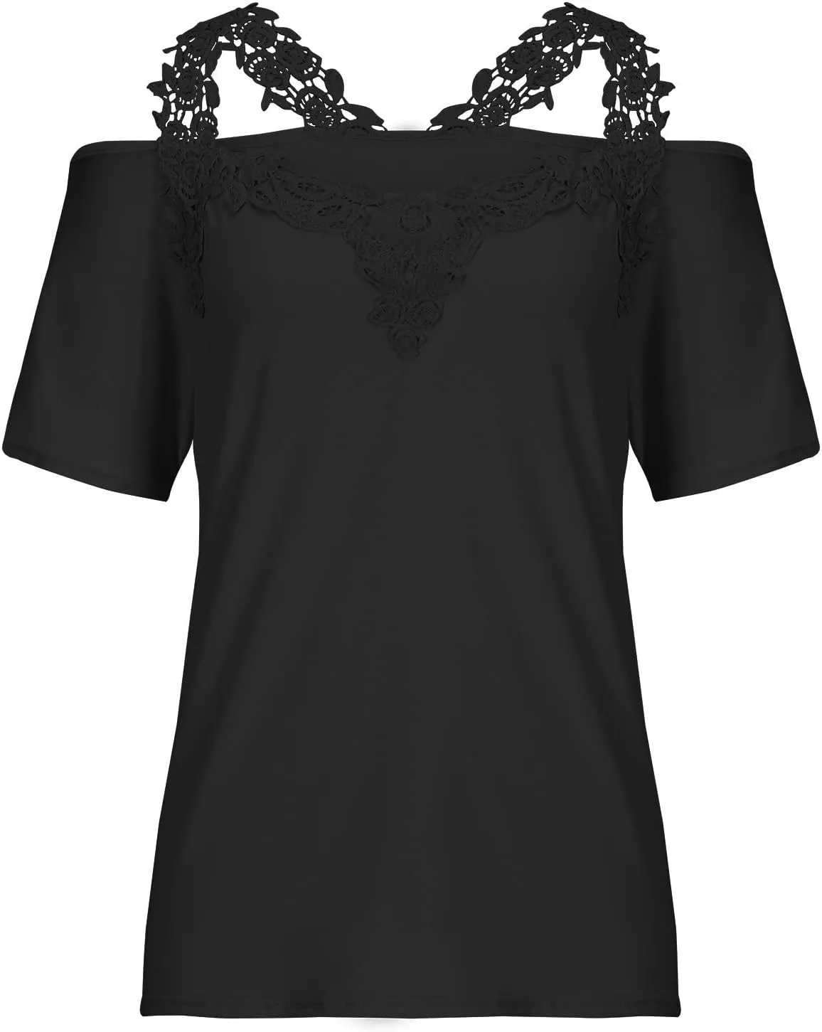 Lace Crochet Cold Shoulder Tops for Women Trendy Summer Short Sleeve Tunic Shirts Casual Loose Strappy Blouses