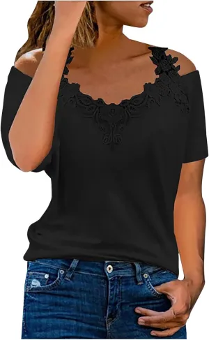 Lace Crochet Cold Shoulder Tops for Women Trendy Summer Short Sleeve Tunic Shirts Casual Loose Strappy Blouses