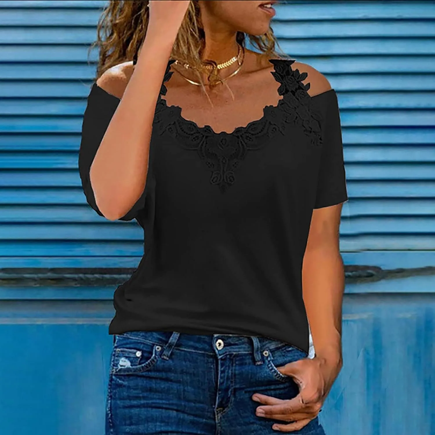 Lace Crochet Cold Shoulder Tops for Women Trendy Summer Short Sleeve Tunic Shirts Casual Loose Strappy Blouses
