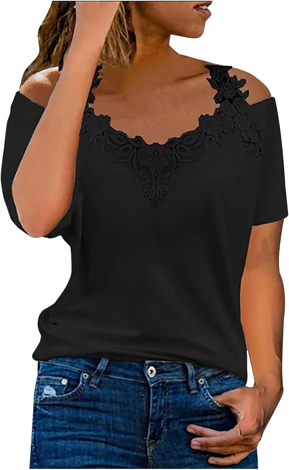 Lace Crochet Cold Shoulder Tops for Women Trendy Summer Short Sleeve Tunic Shirts Casual Loose Strappy Blouses