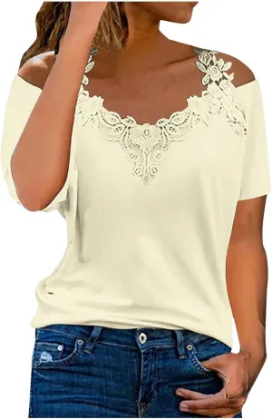 Lace Crochet v Neck Tops for Women Trendy 2024 Summer Short Sleeve Cold Shoulder Tunic Shirt Dressy Plus Size Blouses