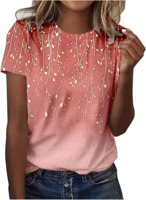 Ladie's 2025 Trendy Floral Print Round Neck T-Shirt for Summer Women Casual Loose Fit Boho Top Outfits