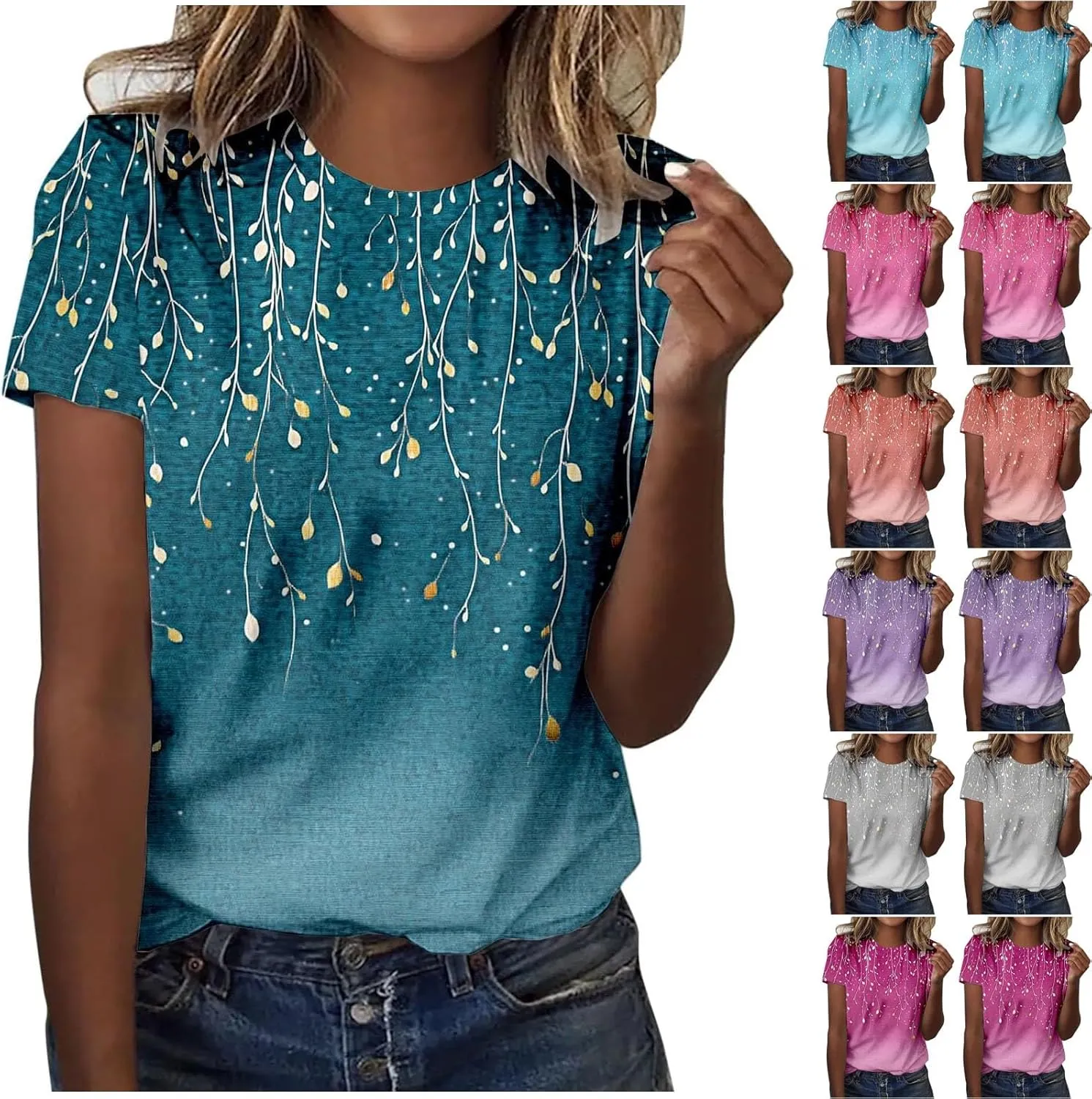 Ladie's 2025 Trendy Floral Print Round Neck T-Shirt for Summer Women Casual Loose Fit Boho Top Outfits