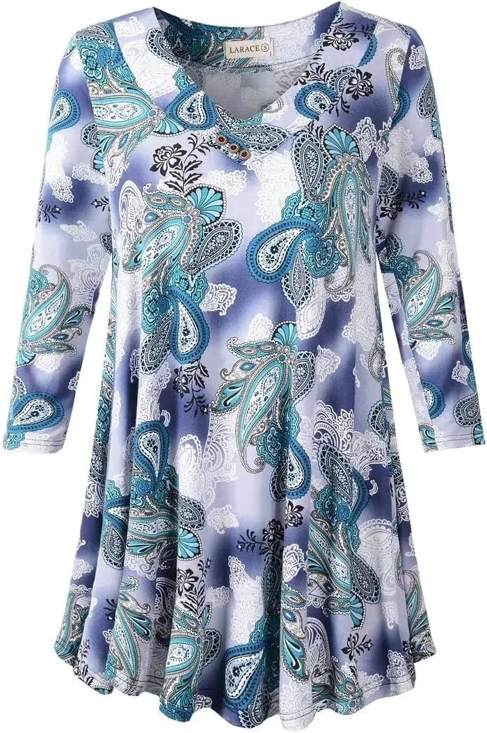 LARACE Plus Size Tunic Women's 3/4 Sleeve Tops And Blouses V Neck Shirts Loose Basic Tee