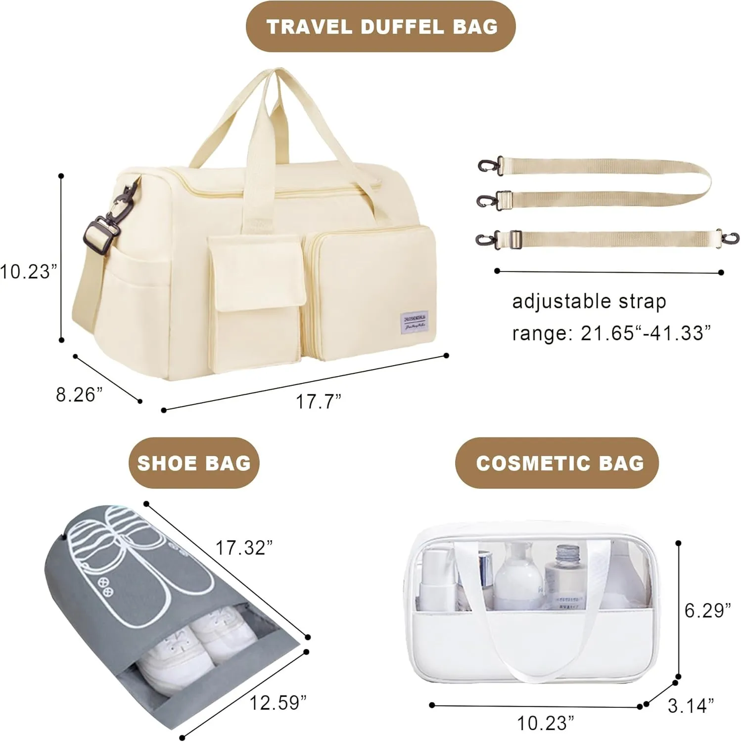 Large Weekender Overnight Bag with Shoes Compartment, Personal Tote for Women or Men, Waterproof Carry-on Set (Beige)