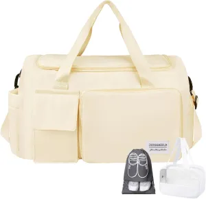 Large Weekender Overnight Bag with Shoes Compartment, Personal Tote for Women or Men, Waterproof Carry-on Set (Beige)