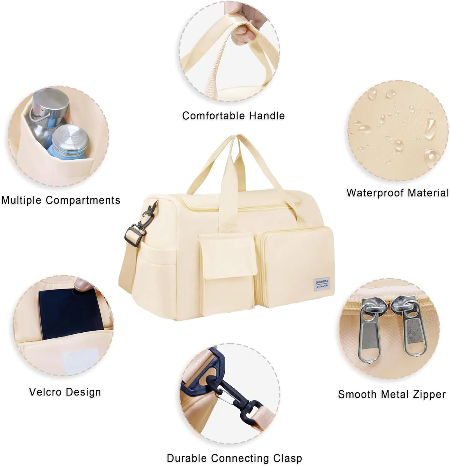 Large Weekender Overnight Bag with Shoes Compartment, Personal Tote for Women or Men, Waterproof Carry-on Set (Beige)