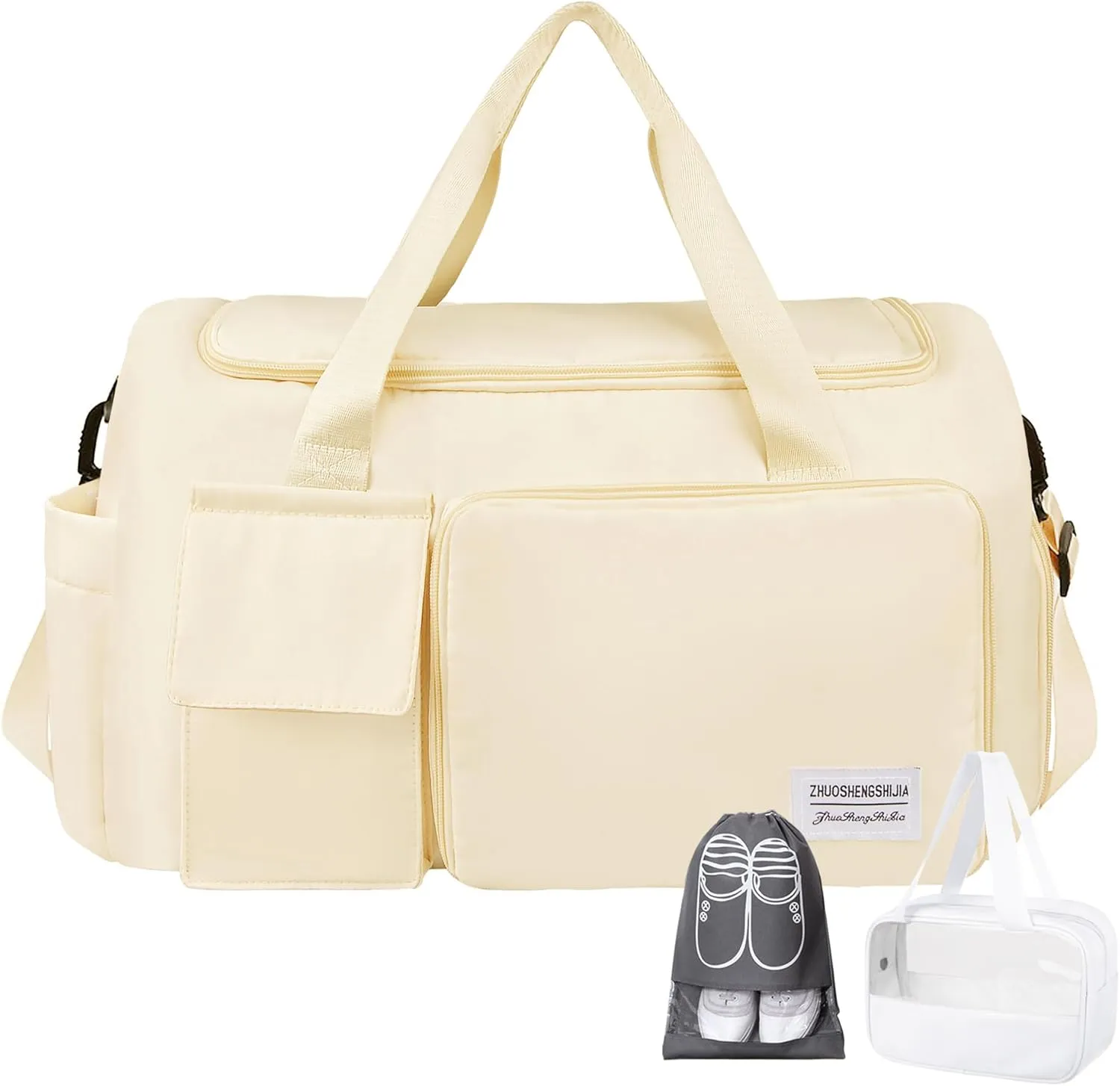 Large Weekender Overnight Bag with Shoes Compartment, Personal Tote for Women or Men, Waterproof Carry-on Set (Beige)