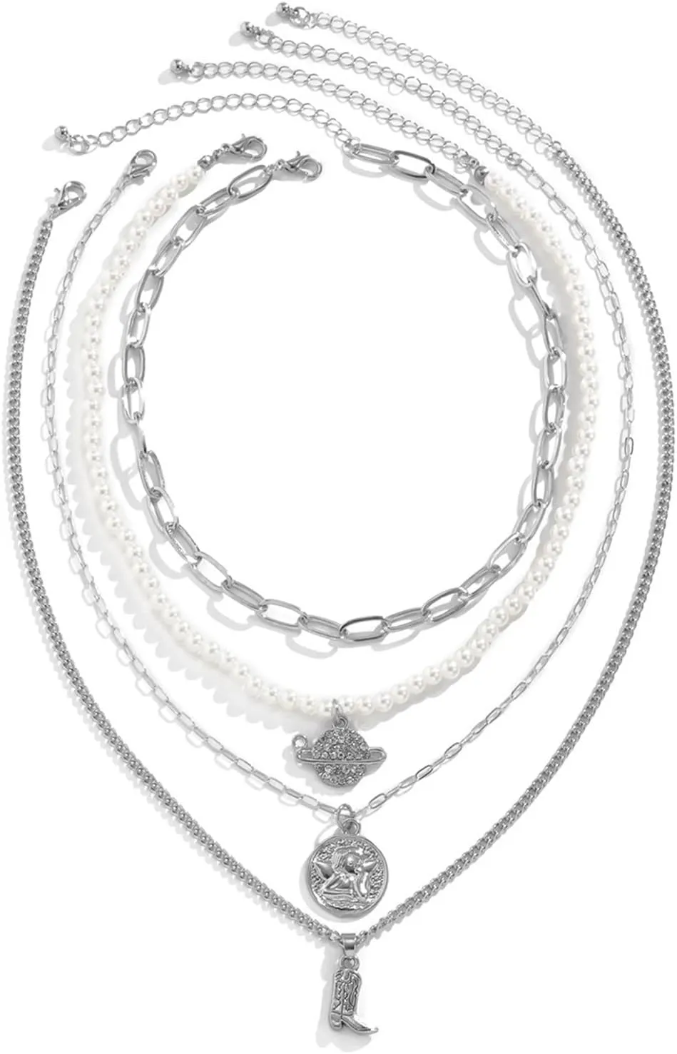Layered Choker Necklaces for Women, Dainty Layering Necklaces for Women Pearl Planet Coin Boots Pendant Chain Necklaces Jewelry Gifts for Birthday Wedding, 4 Pieces