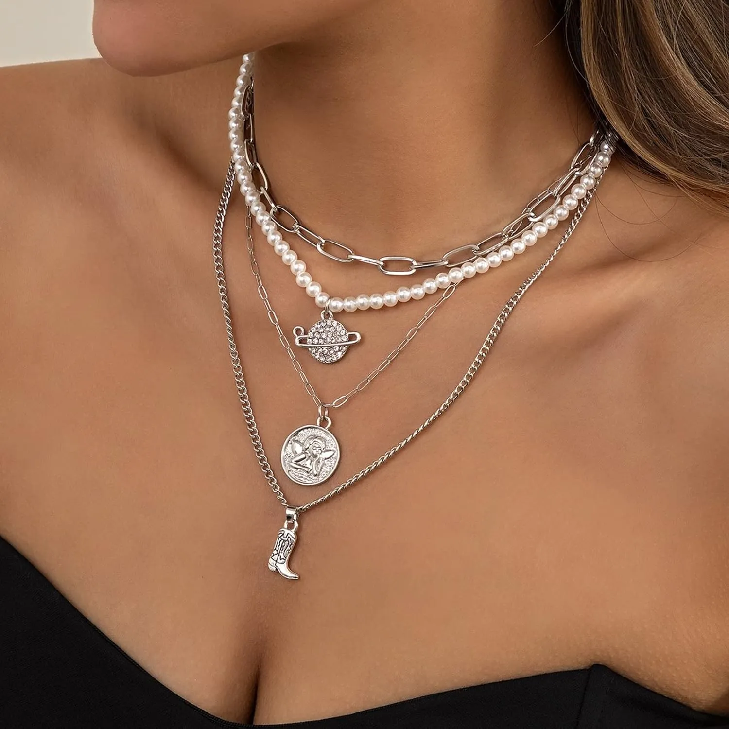 Layered Choker Necklaces for Women, Dainty Layering Necklaces for Women Pearl Planet Coin Boots Pendant Chain Necklaces Jewelry Gifts for Birthday Wedding, 4 Pieces