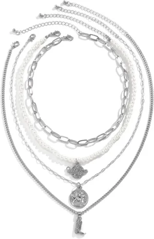 Layered Choker Necklaces for Women, Dainty Layering Necklaces for Women Pearl Planet Coin Boots Pendant Chain Necklaces Jewelry Gifts for Birthday Wedding, 4 Pieces
