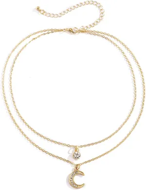 Layering Necklaces for Women, Dainty Layering Necklaces for Women Meniscus Rhinestone Tassel Clavicle Chain Pendant Chain Necklaces Jewelry Birthday Gift for Her, 2 Layers