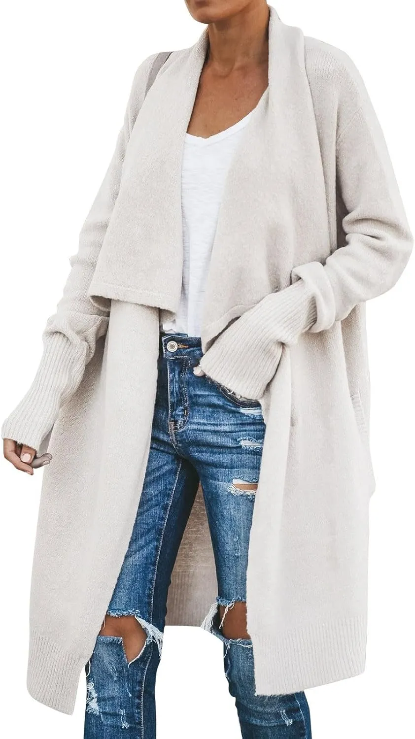 Lazy V-Neck Oversize Long Sweater Cardigans Jacket Coat Women Outwear Open Front Long Sleeve Dusters with Pockets