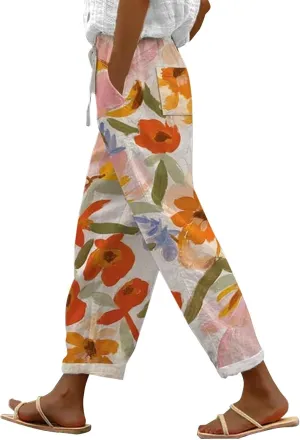 LCMTWX Summer Linen Pants for Women 2025 Drawstring Pants Capri Pants 2025 Pants with Pockets Wide Leg Cropped Pants Beach