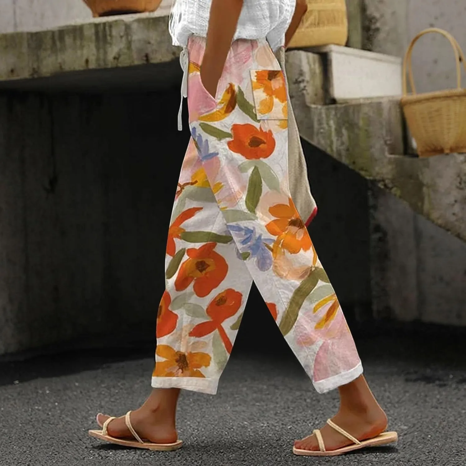 LCMTWX Summer Linen Pants for Women 2025 Drawstring Pants Capri Pants 2025 Pants with Pockets Wide Leg Cropped Pants Beach