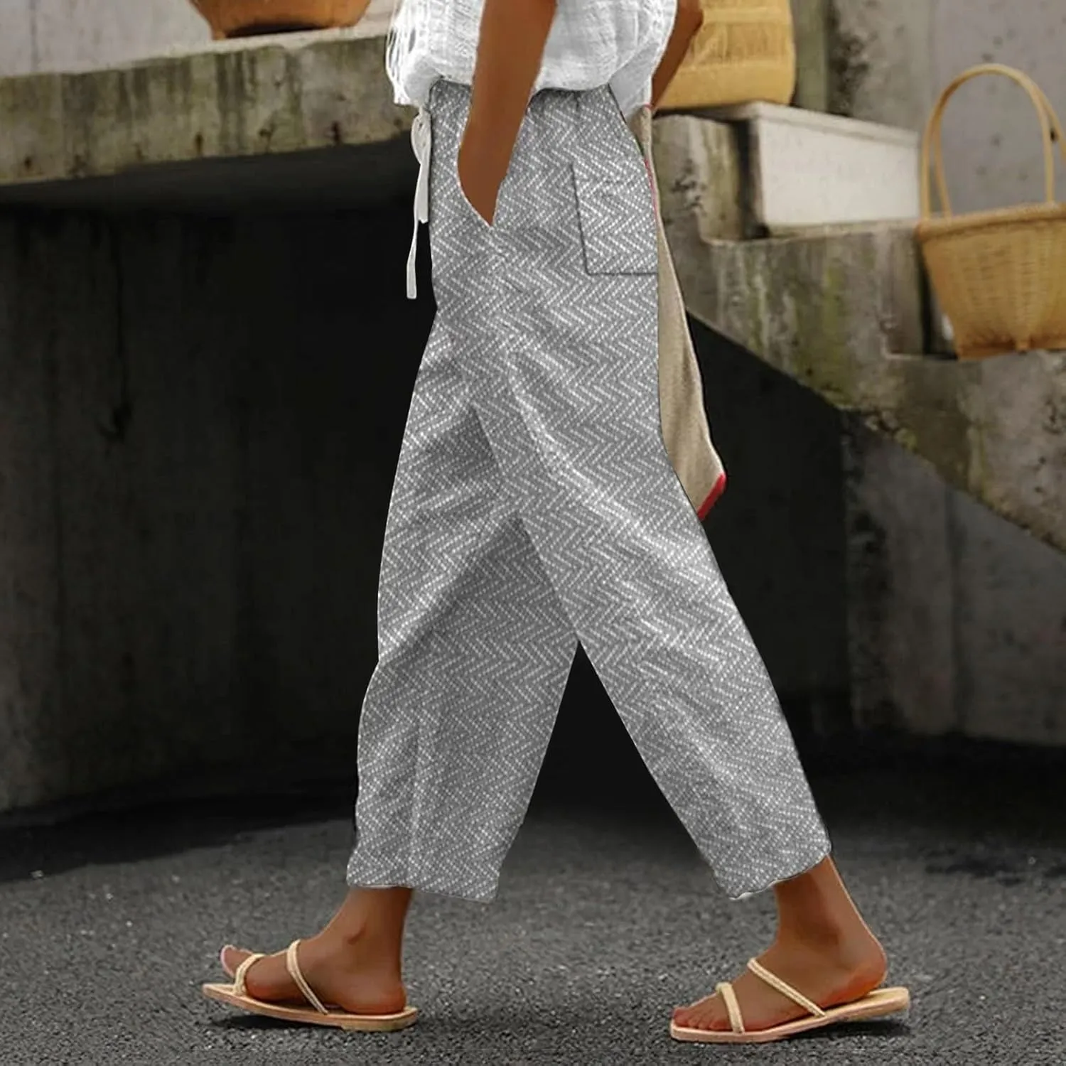 LCMTWX Summer Linen Pants for Women 2025 Drawstring Pants Capri Pants 2025 Pants with Pockets Wide Leg Cropped Pants Beach