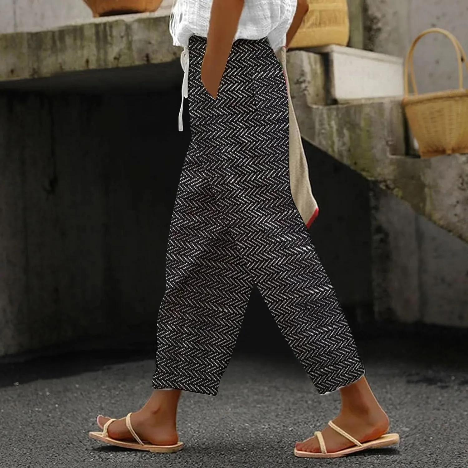 LCMTWX Womens Linen Pants Waist Cropped Casual Pants Gauza Pants White Cargo Pants White Linen Capris for Capri Pants for