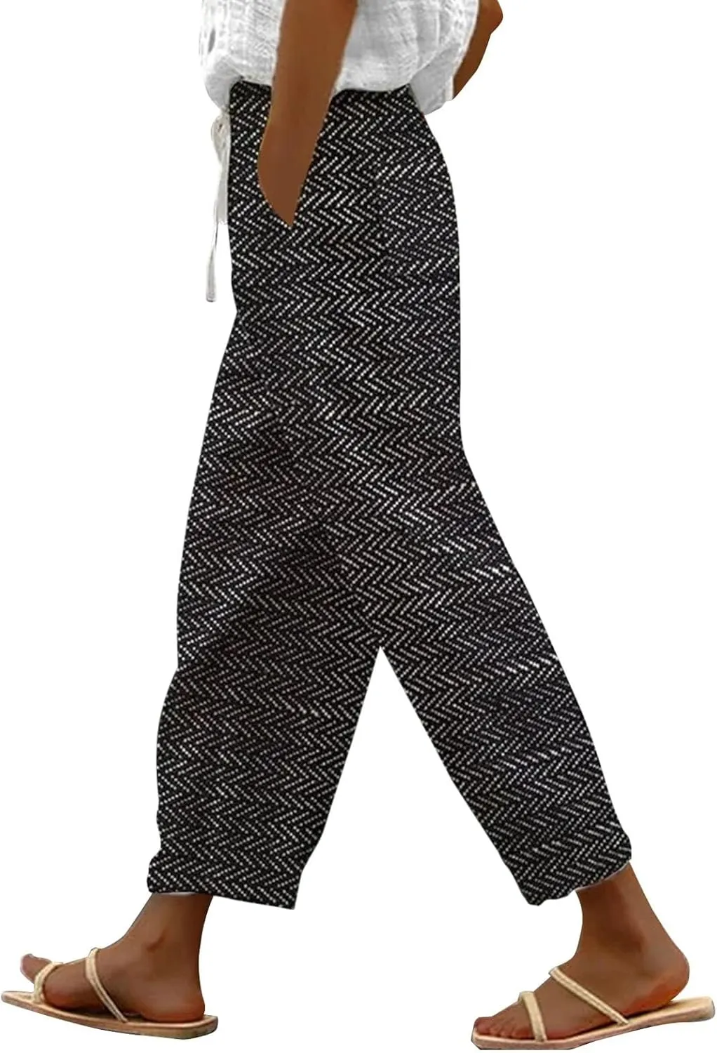 LCMTWX Womens Linen Pants Waist Cropped Casual Pants Gauza Pants White Cargo Pants White Linen Capris for Capri Pants for