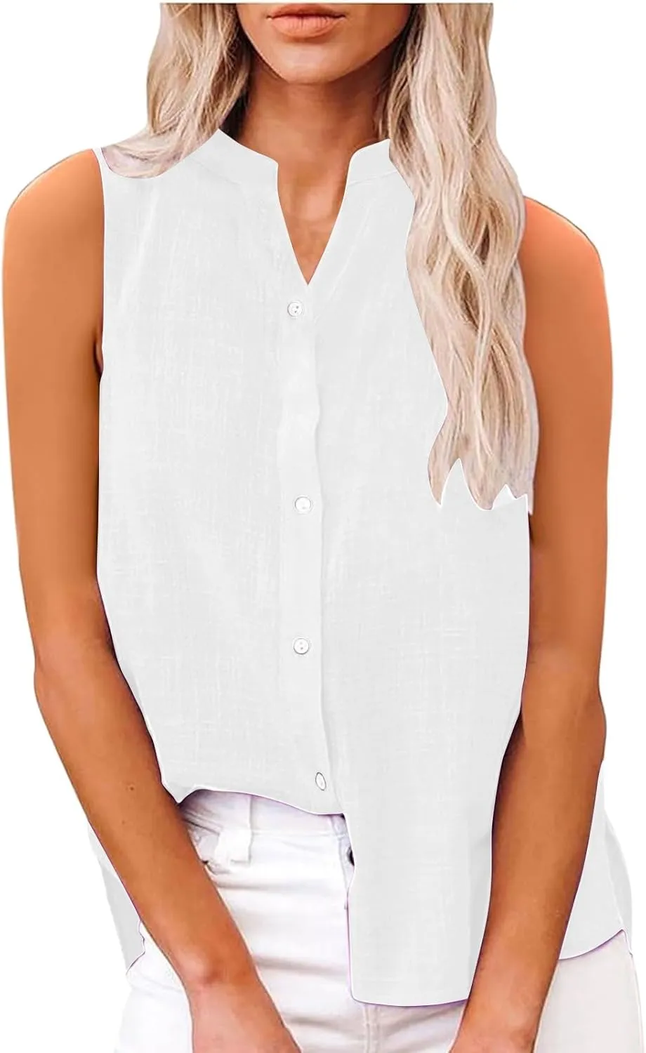 Linen Blend Tops for Women Button Down Sleeveless V Neck Plus Size Linen Shirts Summer Casual Trendy Work Blouses