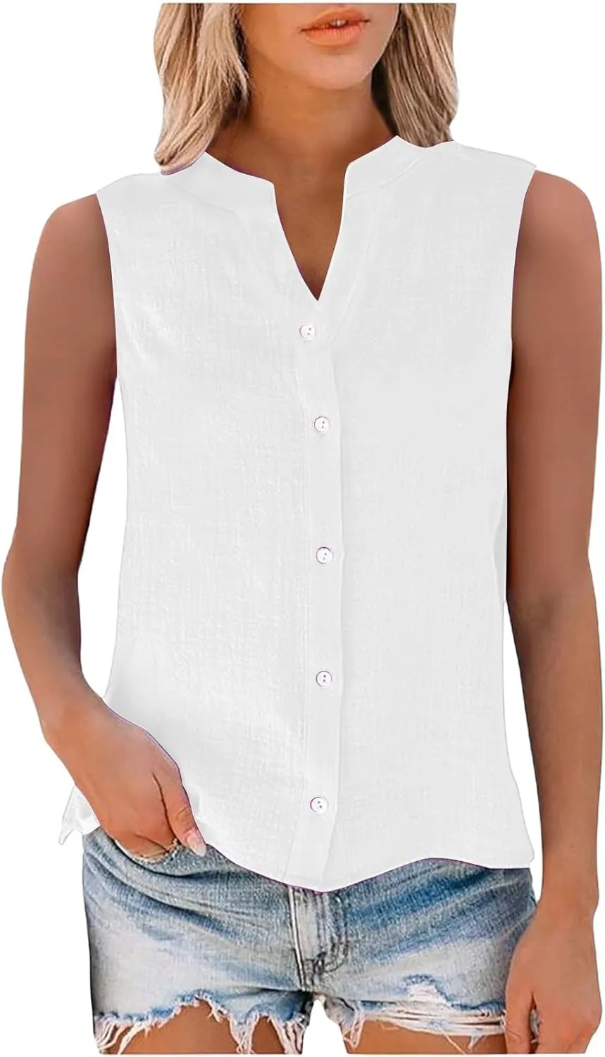 Linen Blend Tops for Women Button Down Sleeveless V Neck Plus Size Linen Shirts Summer Casual Trendy Work Blouses