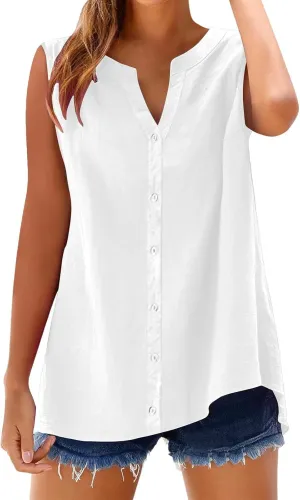 Linen Blend Tops for Women Button Down Sleeveless V Neck Plus Size Linen Shirts Summer Casual Trendy Work Blouses