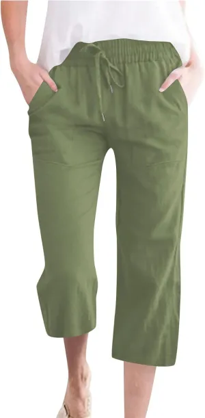 Linen Capri Pants for Women Cotton Lounge Summer Capris Drawstring High Waist Pant Wide Leg Cropped Trousers