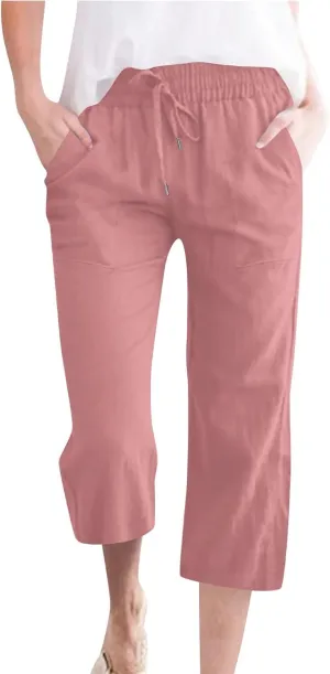 Linen Capri Pants for Women Cotton Lounge Summer Capris Drawstring High Waist Pant Wide Leg Cropped Trousers