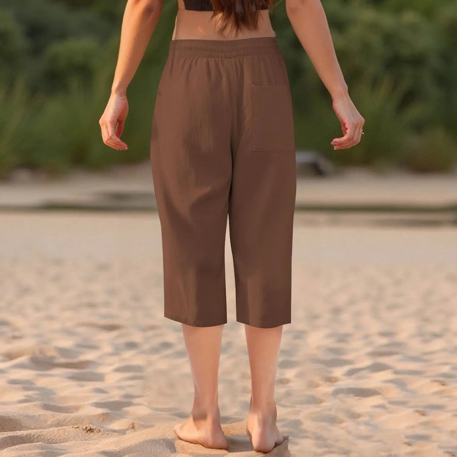 Linen Capri Pants for Women Cotton Lounge Summer Capris Drawstring High Waist Pant Wide Leg Cropped Trousers