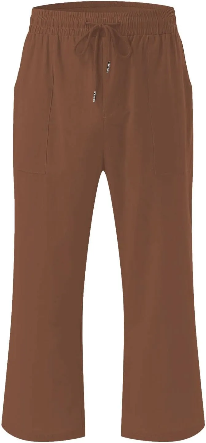 Linen Capri Pants for Women Cotton Lounge Summer Capris Drawstring High Waist Pant Wide Leg Cropped Trousers