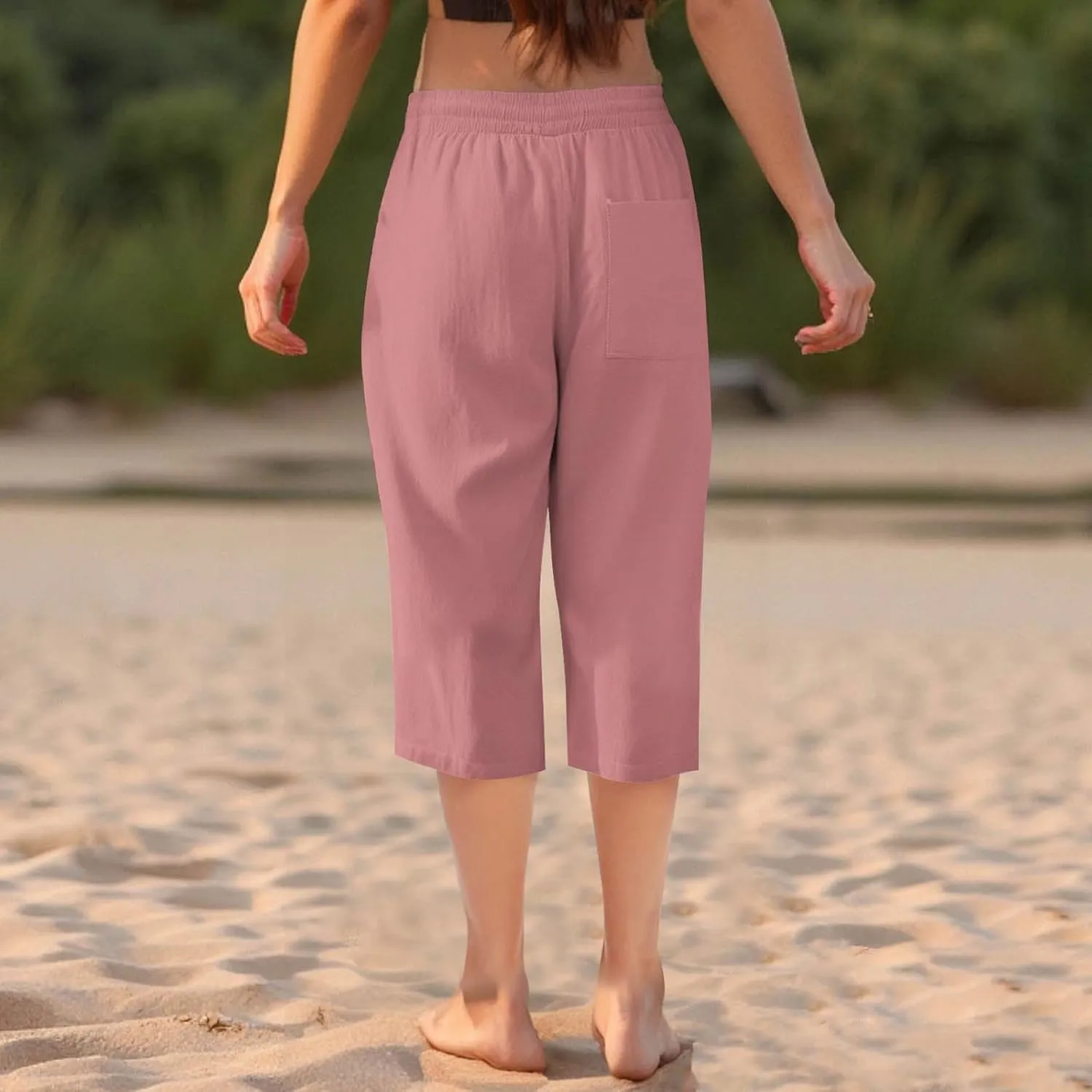 Linen Capri Pants for Women Cotton Lounge Summer Capris Drawstring High Waist Pant Wide Leg Cropped Trousers