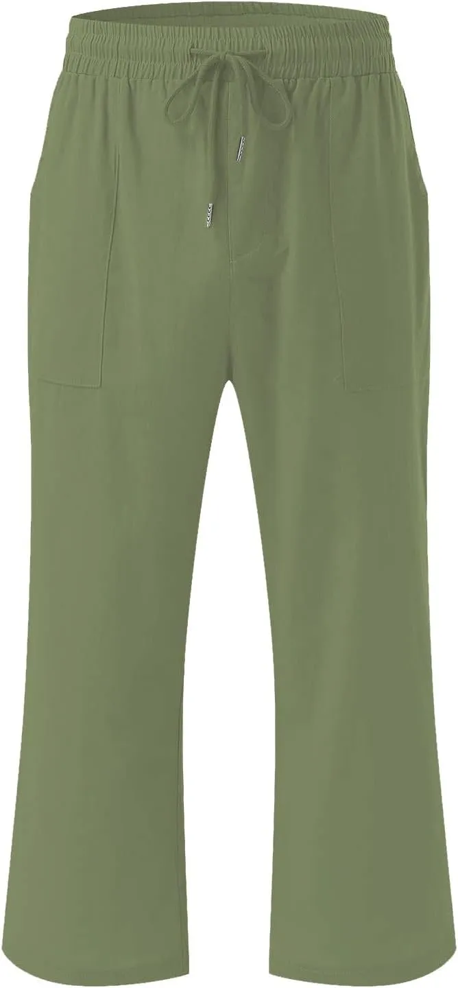 Linen Capri Pants for Women Cotton Lounge Summer Capris Drawstring High Waist Pant Wide Leg Cropped Trousers