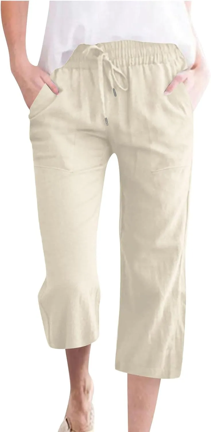 Linen Capri Pants for Women Cotton Lounge Summer Capris Drawstring High Waist Pant Wide Leg Cropped Trousers
